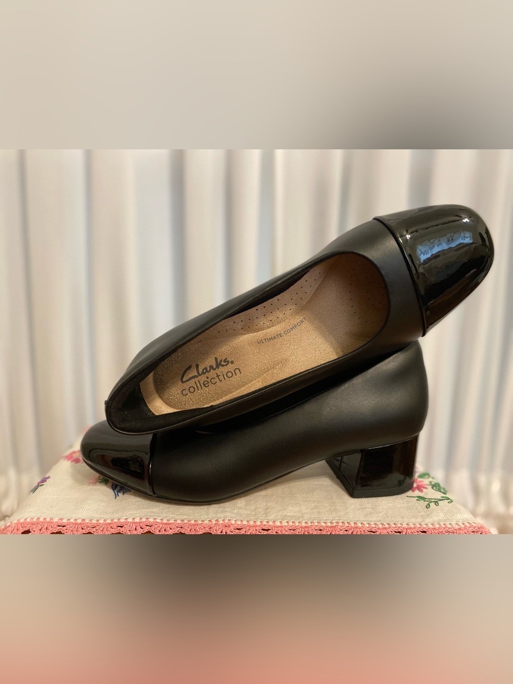 Clarks Black Leather Block Heel Pump